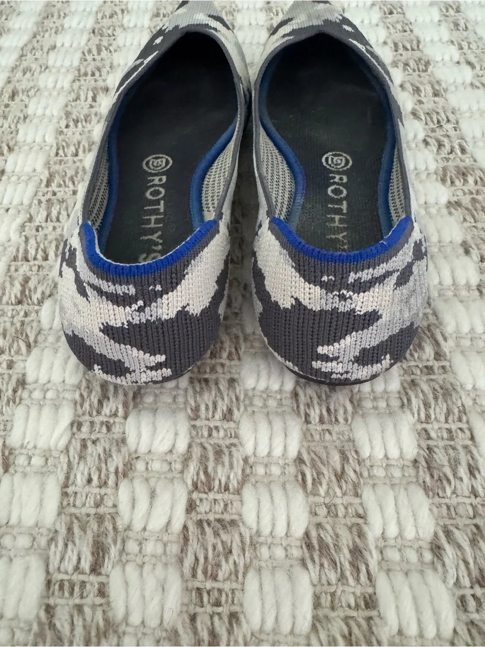 Rothy's Pointed Slip-On Flats in Gray Camo with Blue Trim